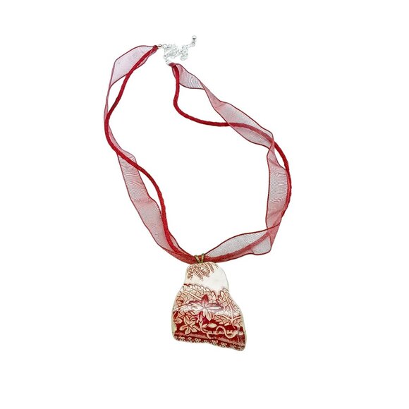 Vintage Red and White Ceramic Shard Pendant Necklace with Sheer Ribbon and Cord - Picture 4 of 5